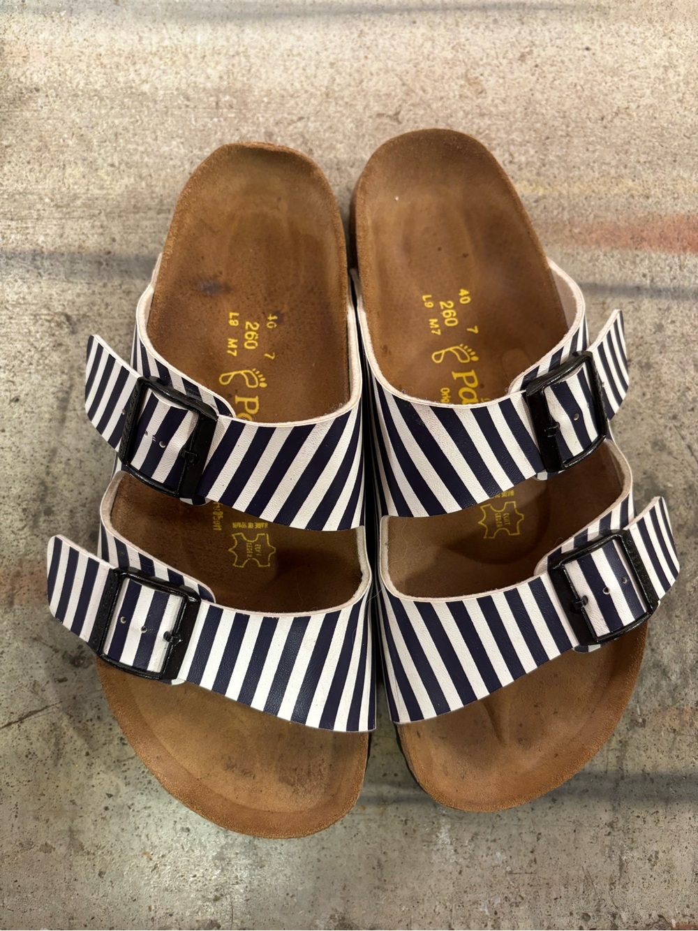 Birkenstock Papillio Navy and White Striped women’s Double Buckle Sandals